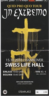 In Extremo Oktober 2016 Hannover Eintrittskarte